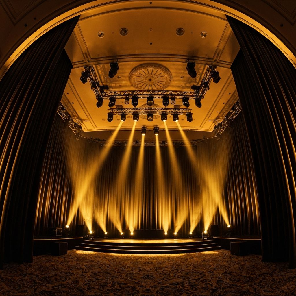 Elegant event venue with warm golden lighting and luxury stage setup